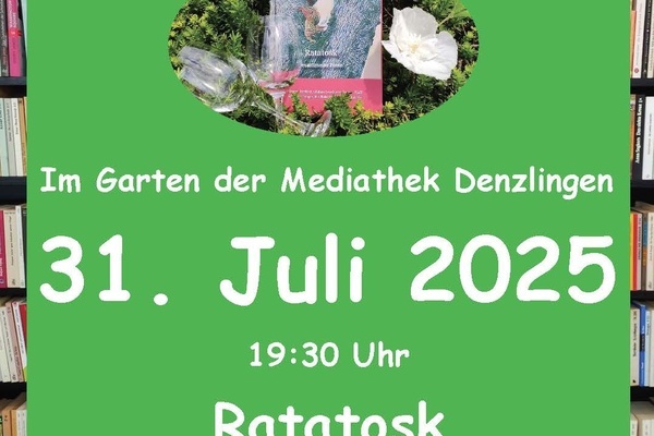 Plakat Lesegarten 2025 des Frdervereins der Mediathek Denzlingen. Weie Schrift auf grnem Untergrund.