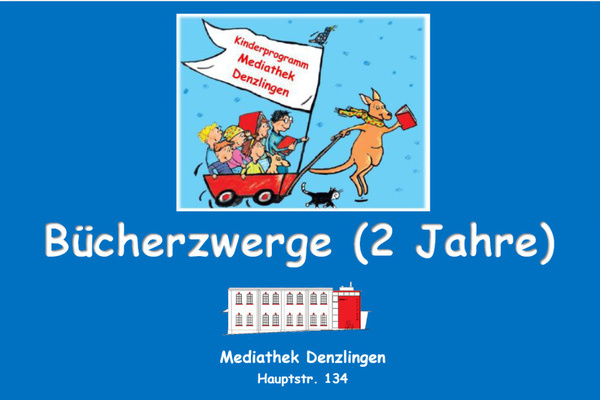 B�cherzwerge Mediathek Denzlingen - wei�e Schrift auf blauem Untergrund